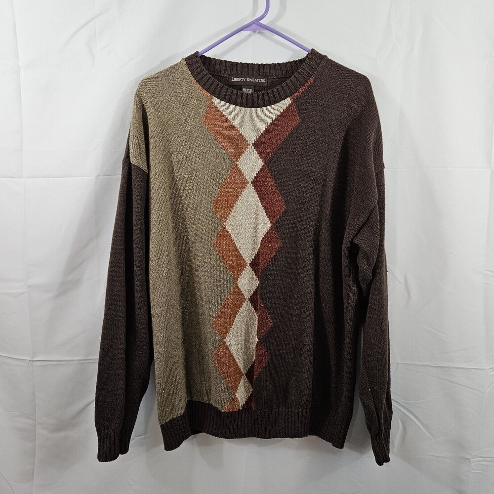 VTG Liberty Sweaters Mens M Brown/Tan Pattern Grandpa Dad Cosby - Cotton Blend
